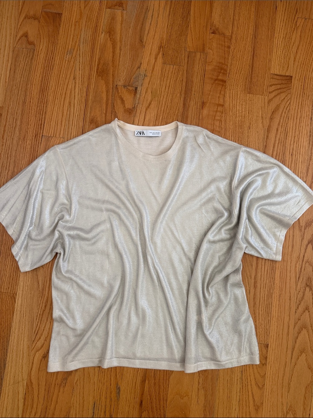 Zara Metallic Champagne Fine Knit Sweater Top | Short Sleeve | Size S